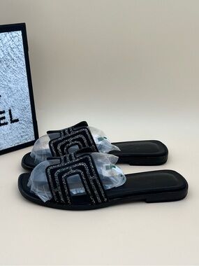 🚩steal Hermes Black Crystal-Trim Slide Sandals